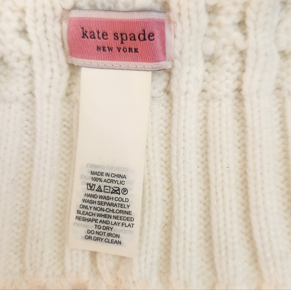 Kate Spade White Cable Knit Beanie Hat With Pom Pom Unisex - One Size - Picture 3 of 8